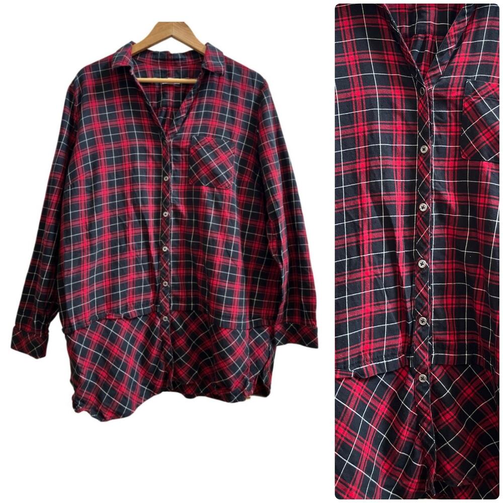 J. Jill Red Plaid Cotton Drop Waist Long Sleeve Button Tunic Large Grunge 90s